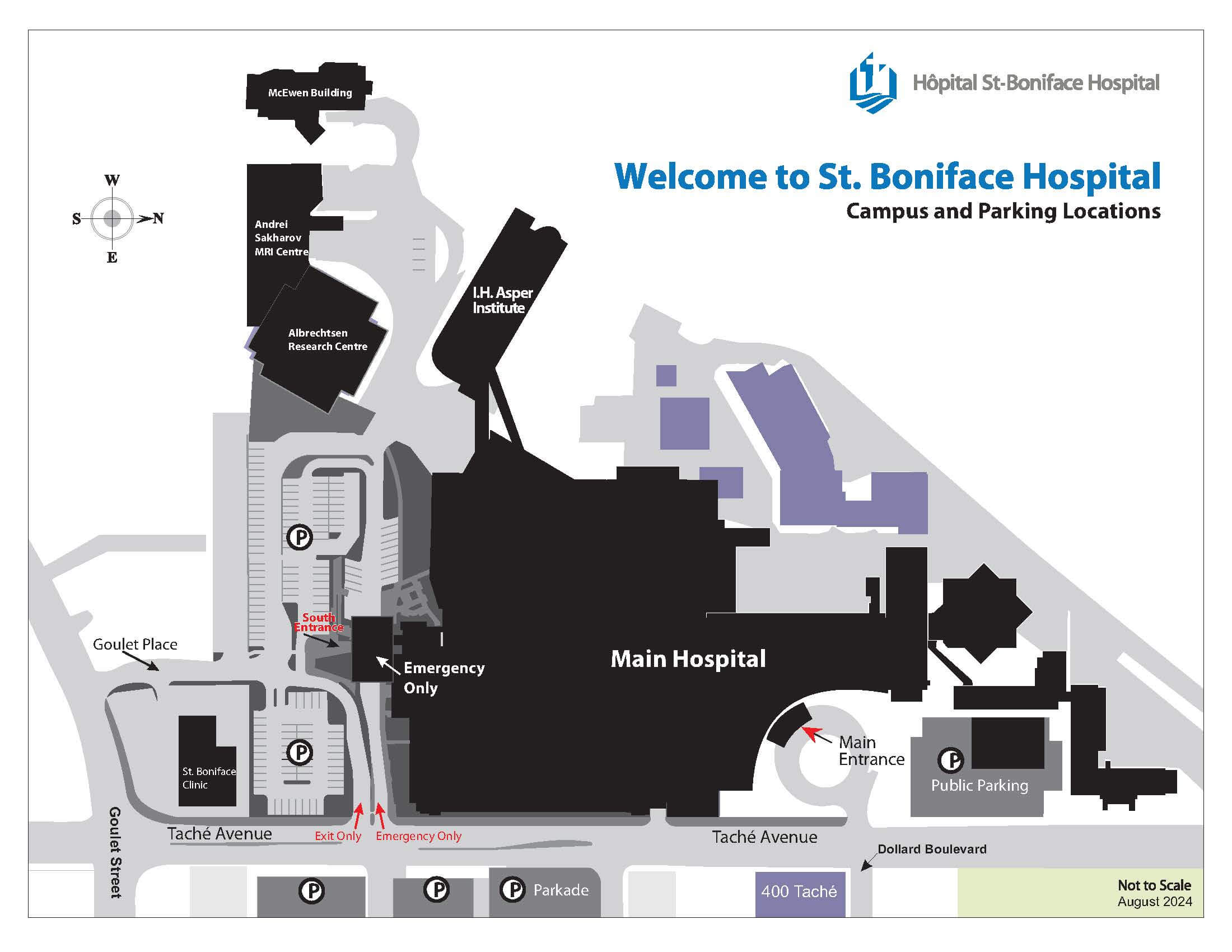 A map showing locations of St Boniface Hospital parking lots
