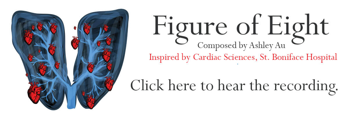 Ad for Figure of Eight, provides link to recording of choral performance. Image shows a set of lungs with hearts mixed in.